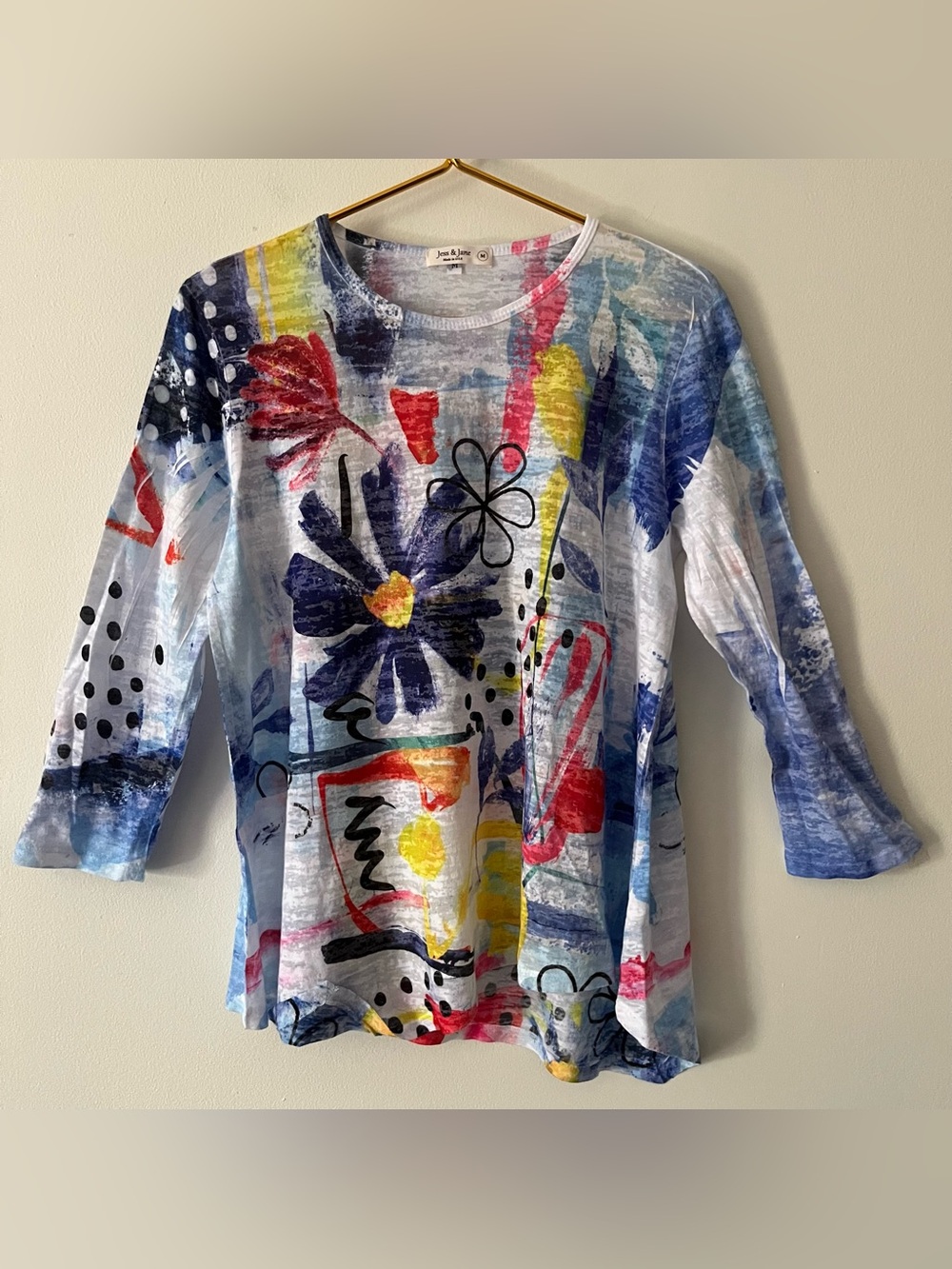 Jess & Jane White Red Yellow Floral Graphic Burnout Long Sleeve Arty Tunic M